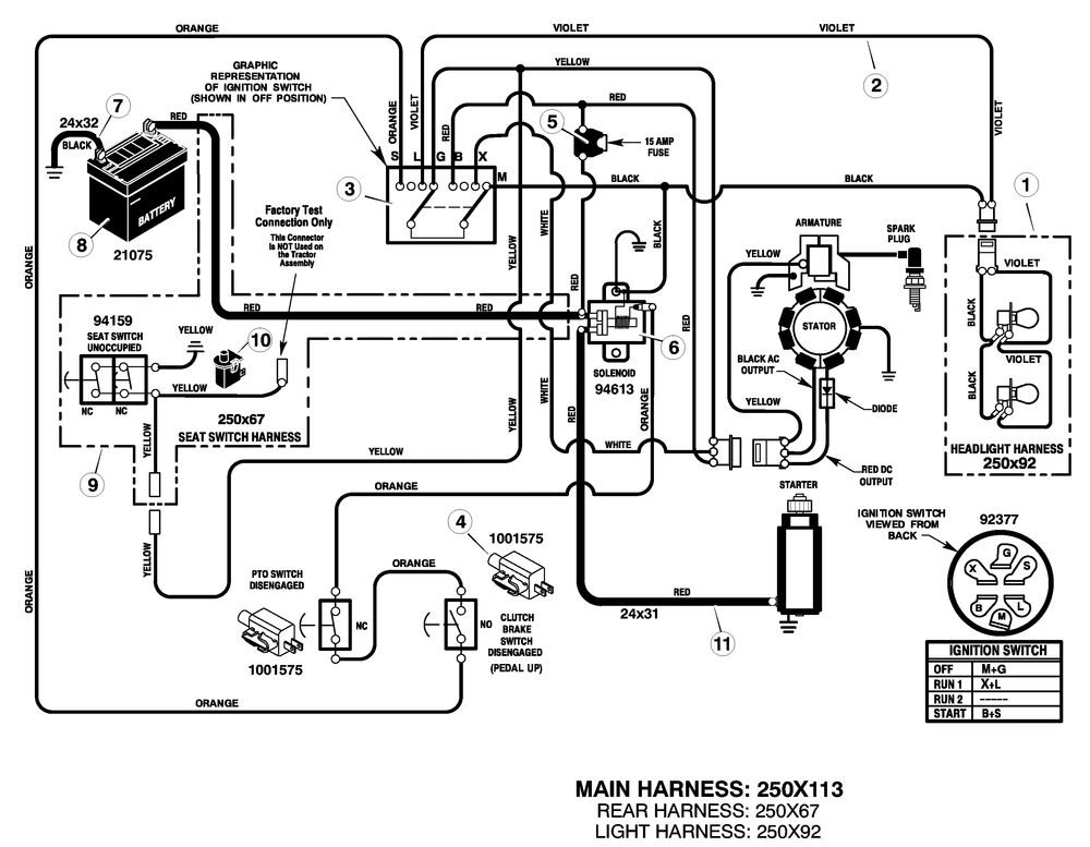 Electrical System Diagram and Parts List for 385000X68A 2004 Briggs and Stratton Lawn Tractor